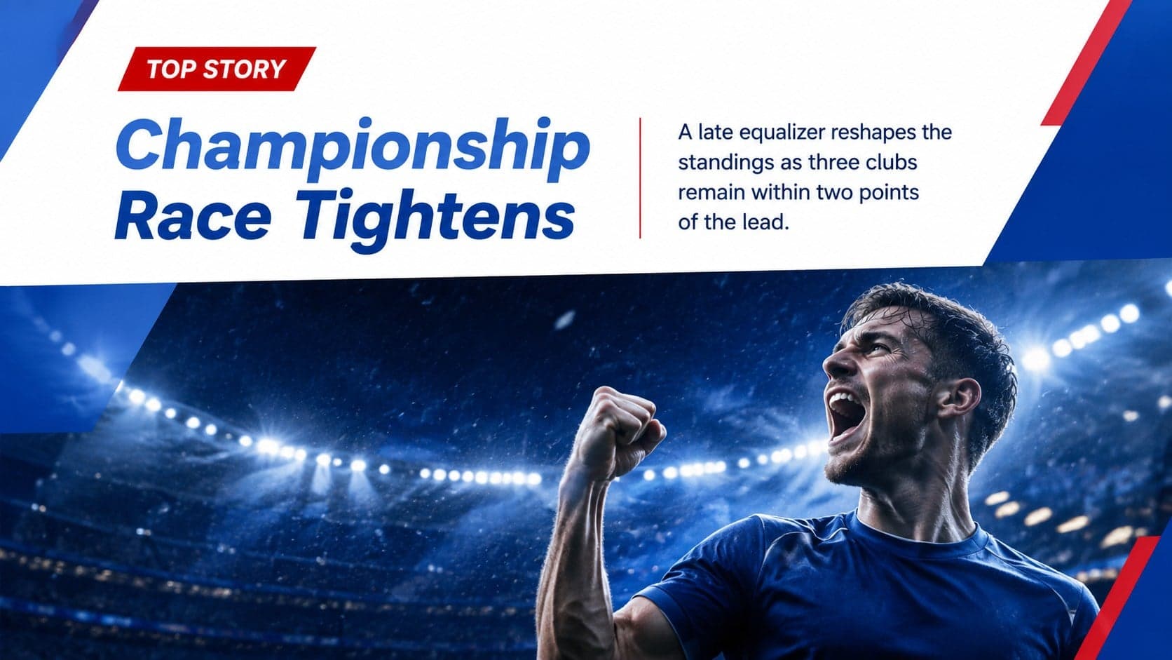 Weekly league update slide featuring a breaking sports headline and match photograph area.