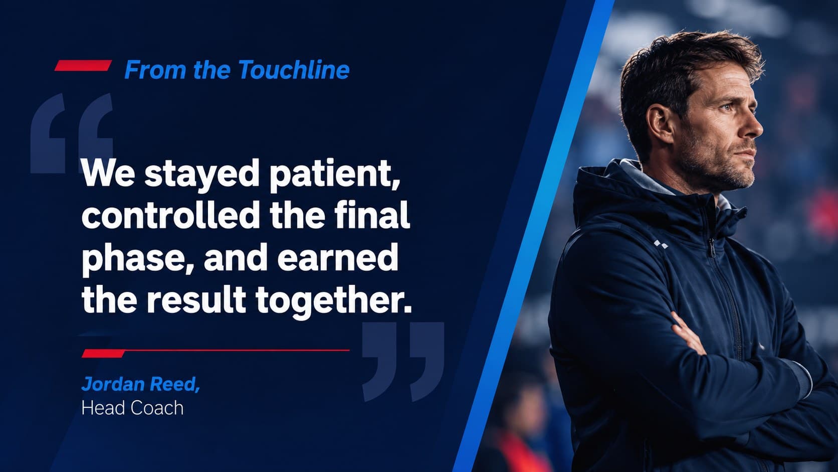 Post-match analysis report slide featuring a coach quotation and original sideline portrait.