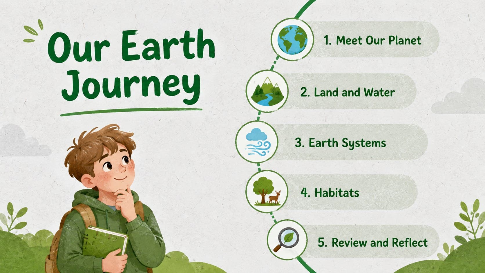 Elementary Earth science agenda introducing the main topics in the living planet lesson.