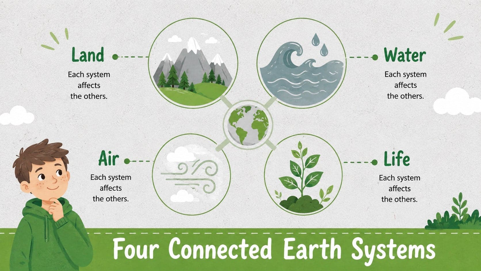 Illustrated elementary science slide explaining land, water, air, and life as connected Earth systems.