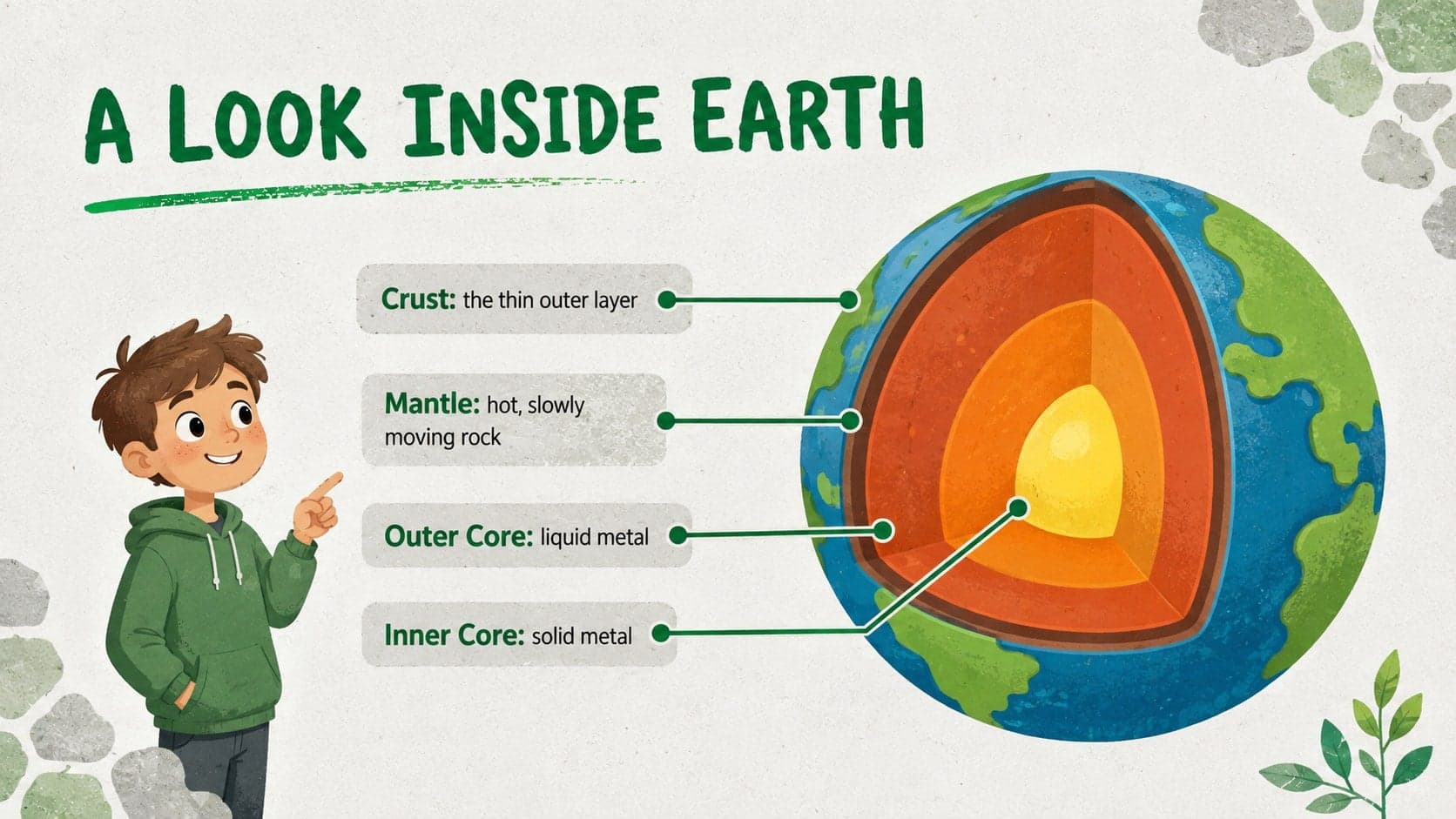 Earth layers lesson slide showing the crust, mantle, outer core, and inner core.