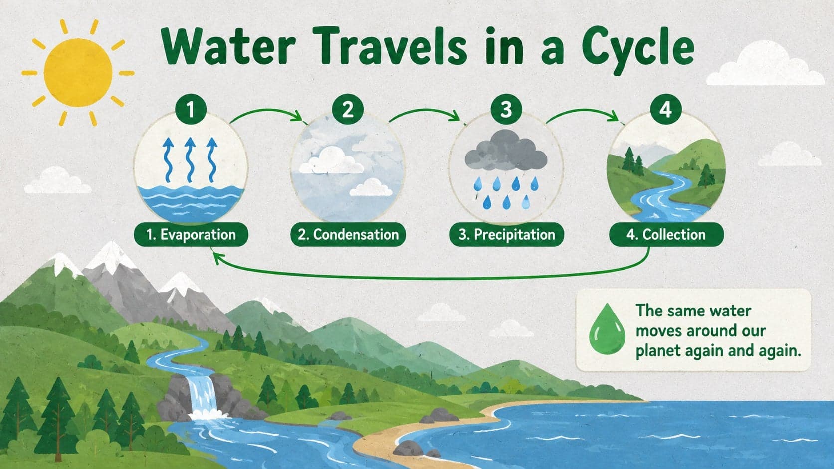 Elementary water cycle sequence illustrating evaporation, condensation, precipitation, and collection.