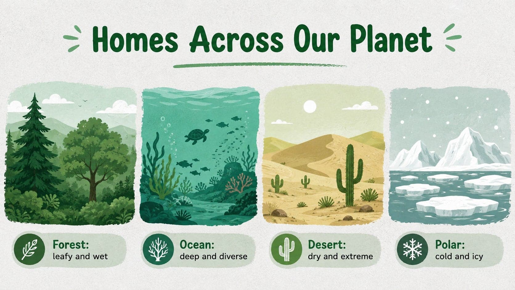 Planet habitats lesson slide comparing forest, ocean, desert, and polar environments.