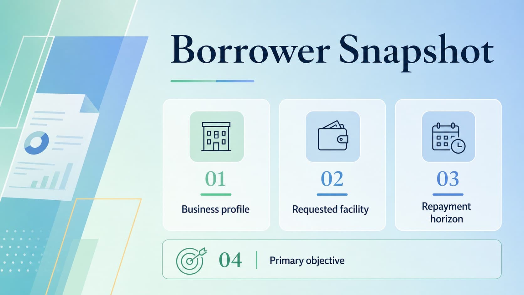 Borrower profile slide showing key company details for a commercial loan review.