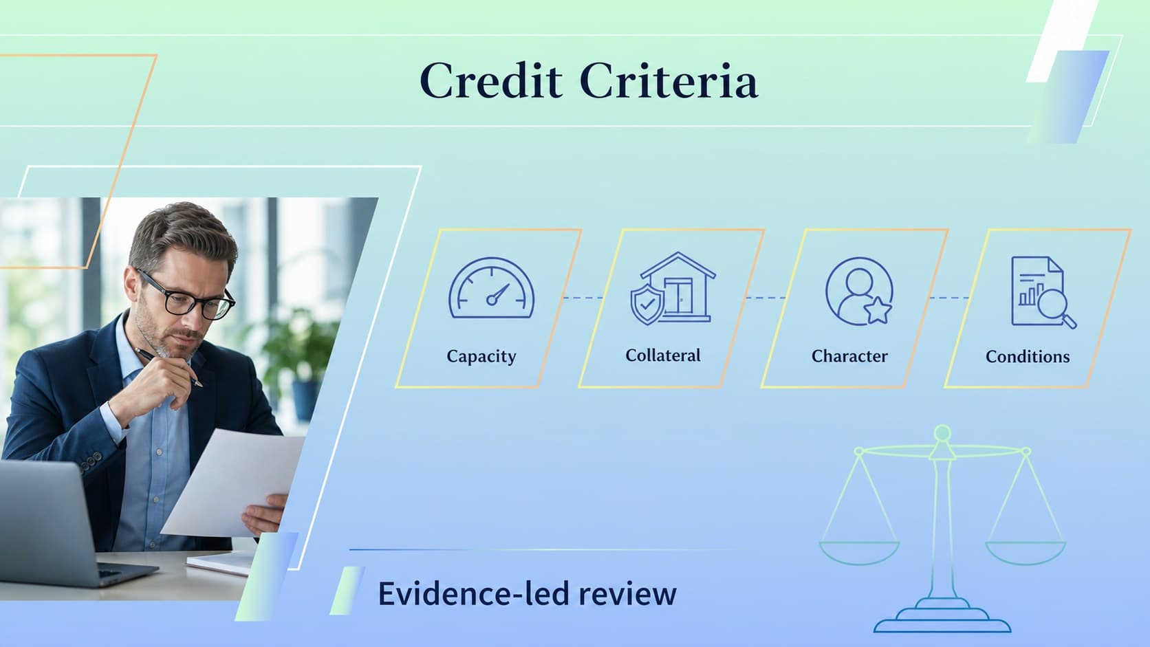 Credit criteria slide organizing lending requirements into clear evaluation categories.