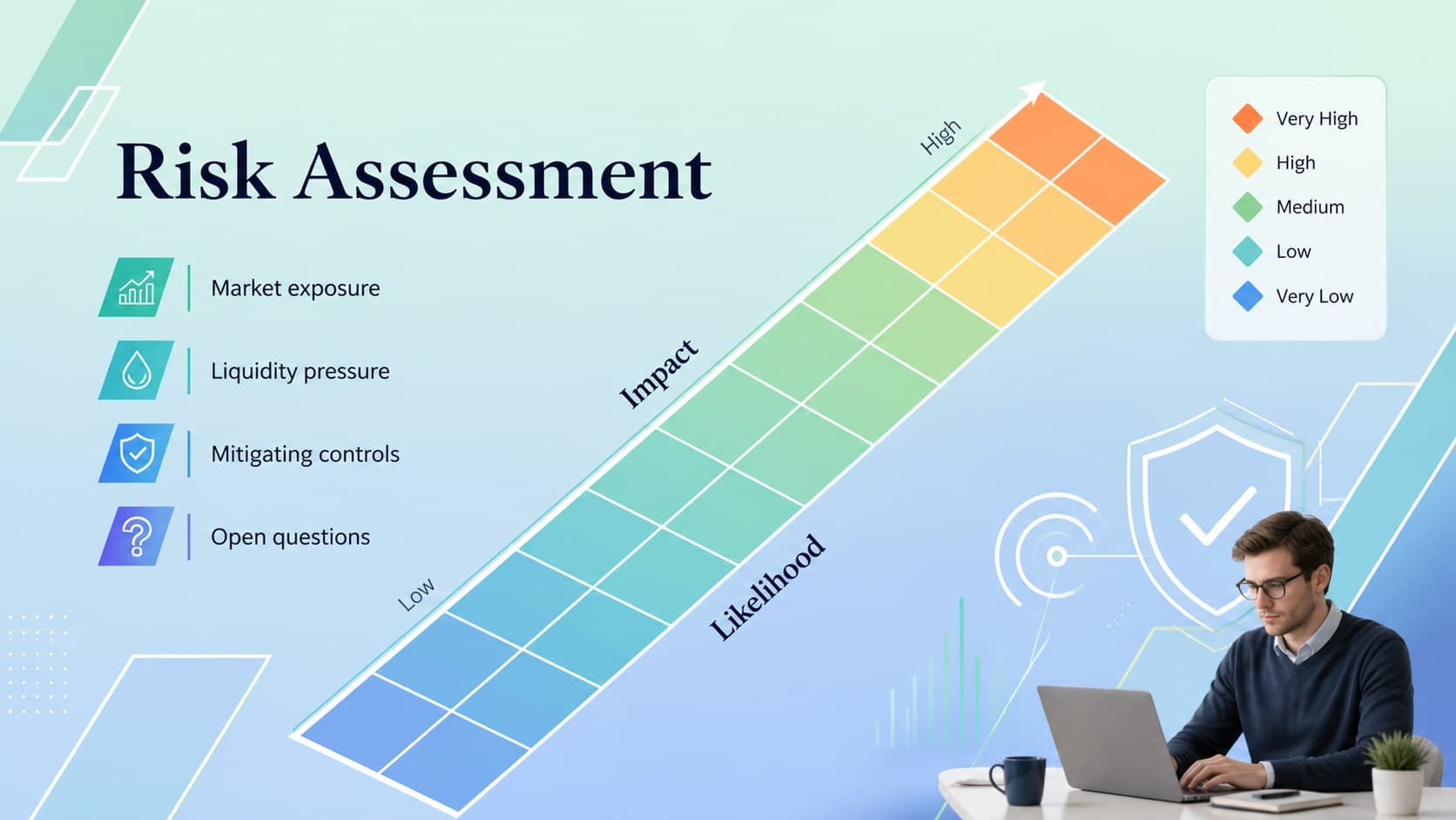 Risk assessment slide mapping lending risks and proposed controls in a geometric layout.