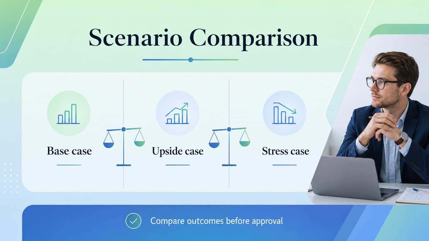 Scenario comparison slide for evaluating alternative lending outcomes.