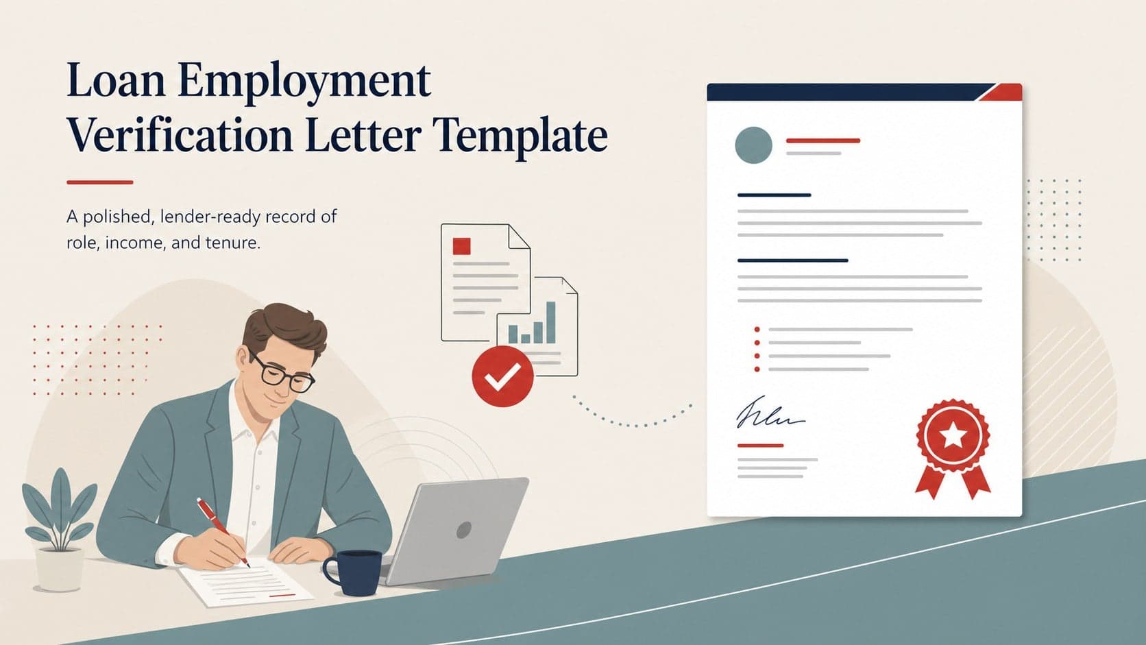 Cover for a loan employment verification letter template with beige, blue, and red business-document styling.