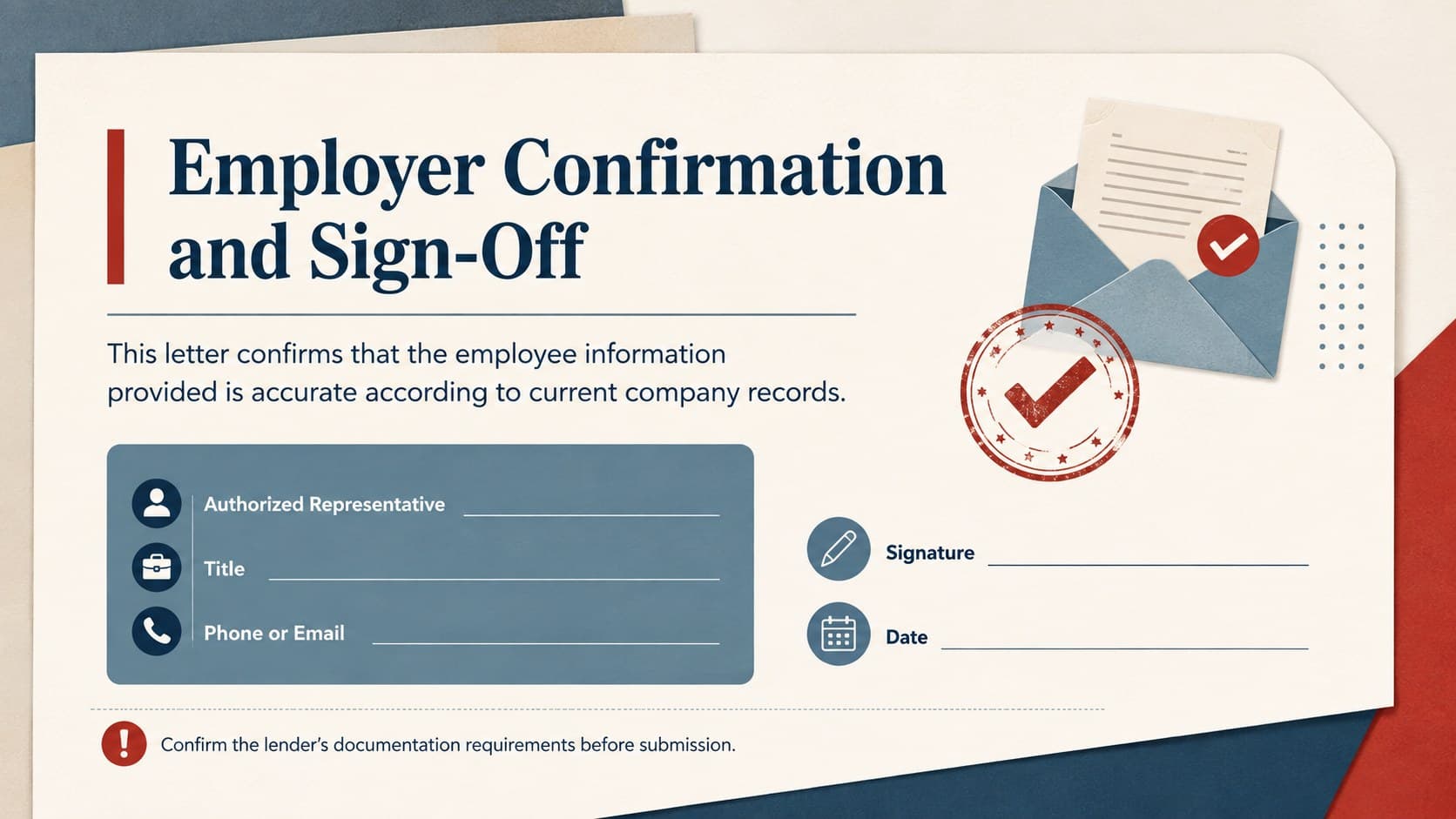Employer authorization page for a lender employment confirmation template with signature and contact sections.