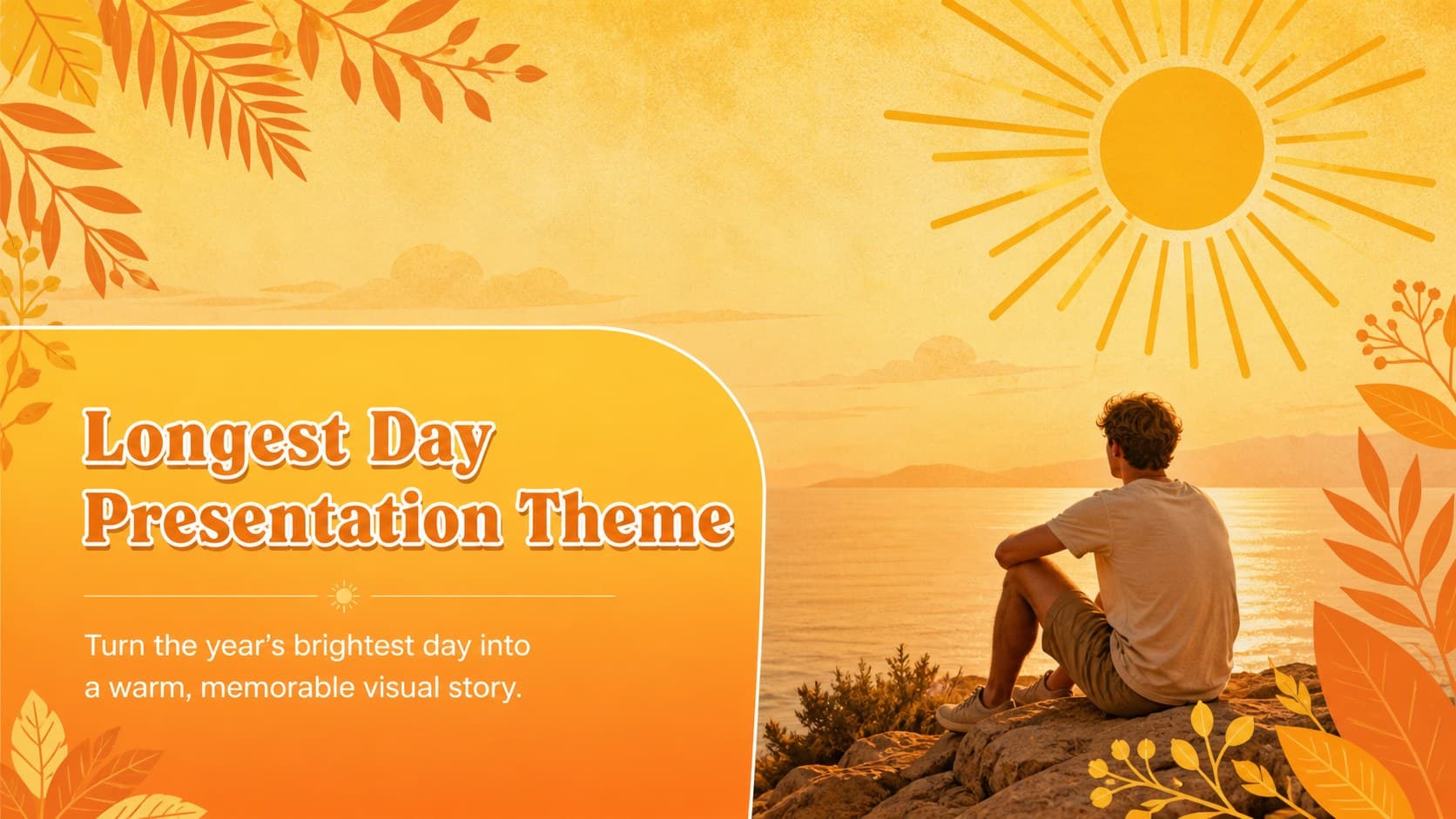 Cover slide for a longest day presentation theme with a bright orange sun, yellow accents, and a clean seasonal layout.