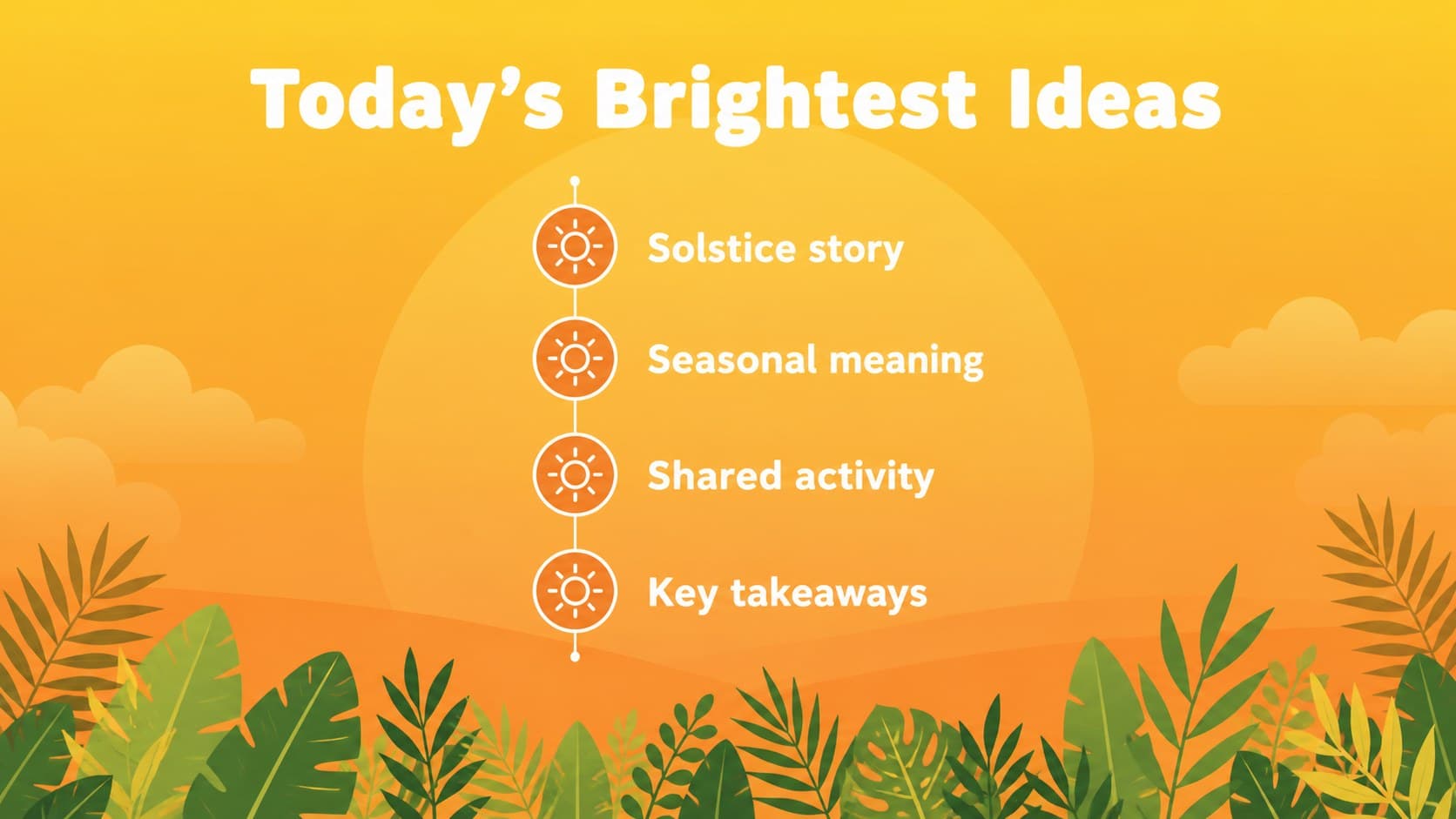 Agenda slide for a summer solstice lesson presentation outlining seasonal context, activities, and key takeaways.
