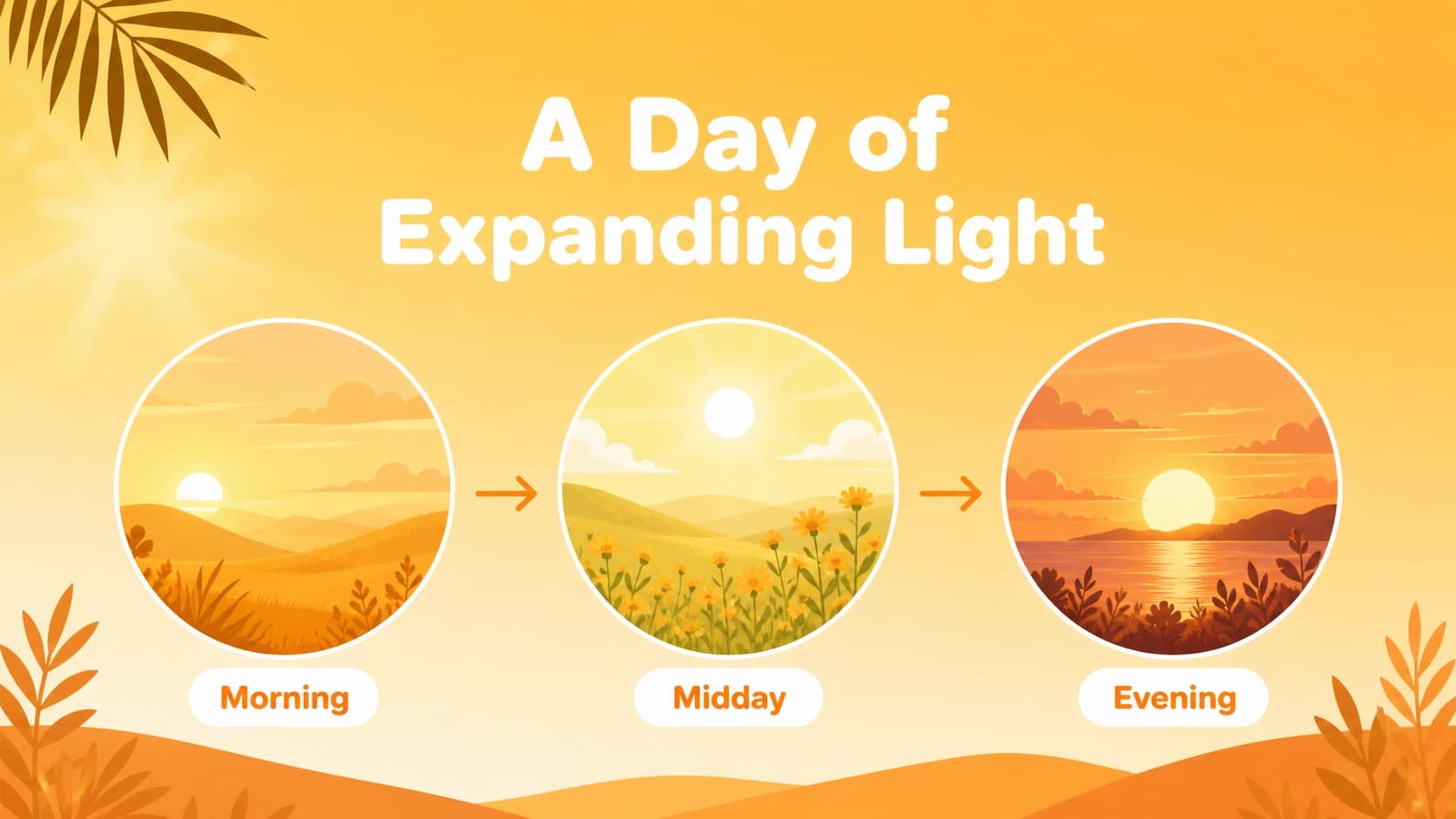 Educational diagram slide for a solstice classroom slideshow showing the movement of sunlight across a day.