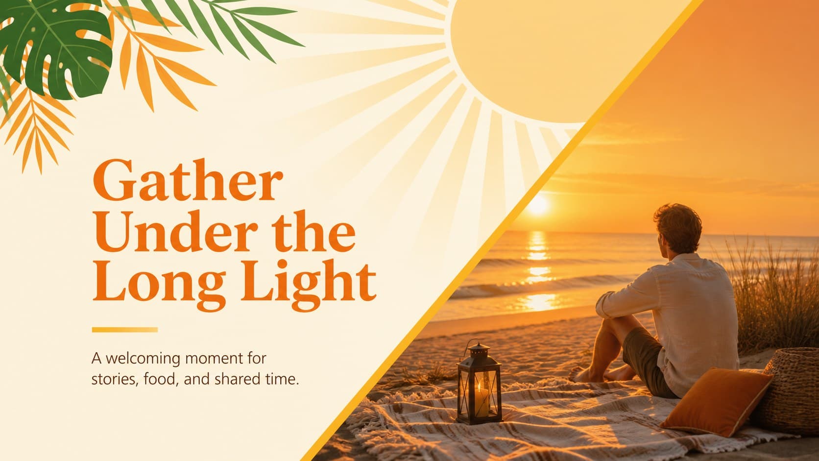 Illustrated summer event presentation theme slide featuring warm foliage, sunlight, and a seasonal gathering message.