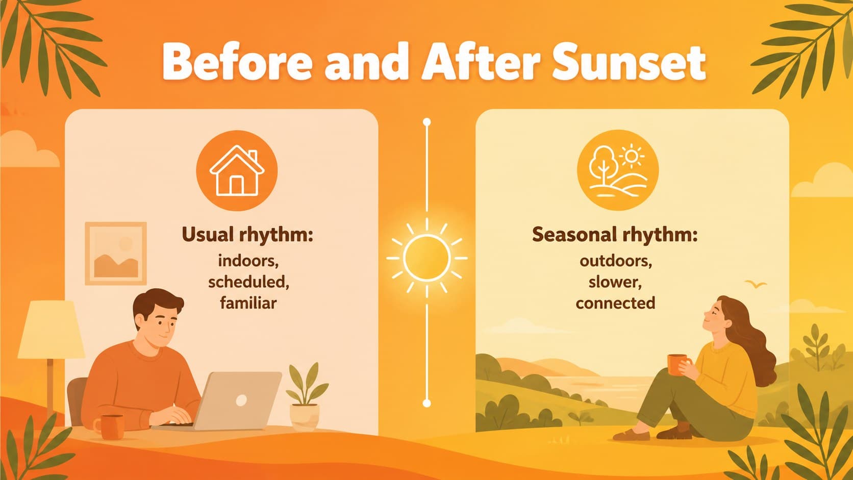 Comparison slide in a seasonal celebration slides deck contrasting everyday routines with solstice-inspired choices.