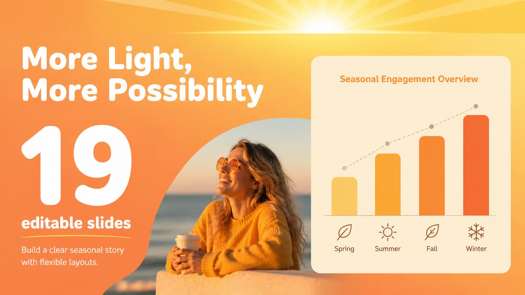 Data highlight slide for a longest day presentation theme with an orange statistic and yellow explanatory accents.