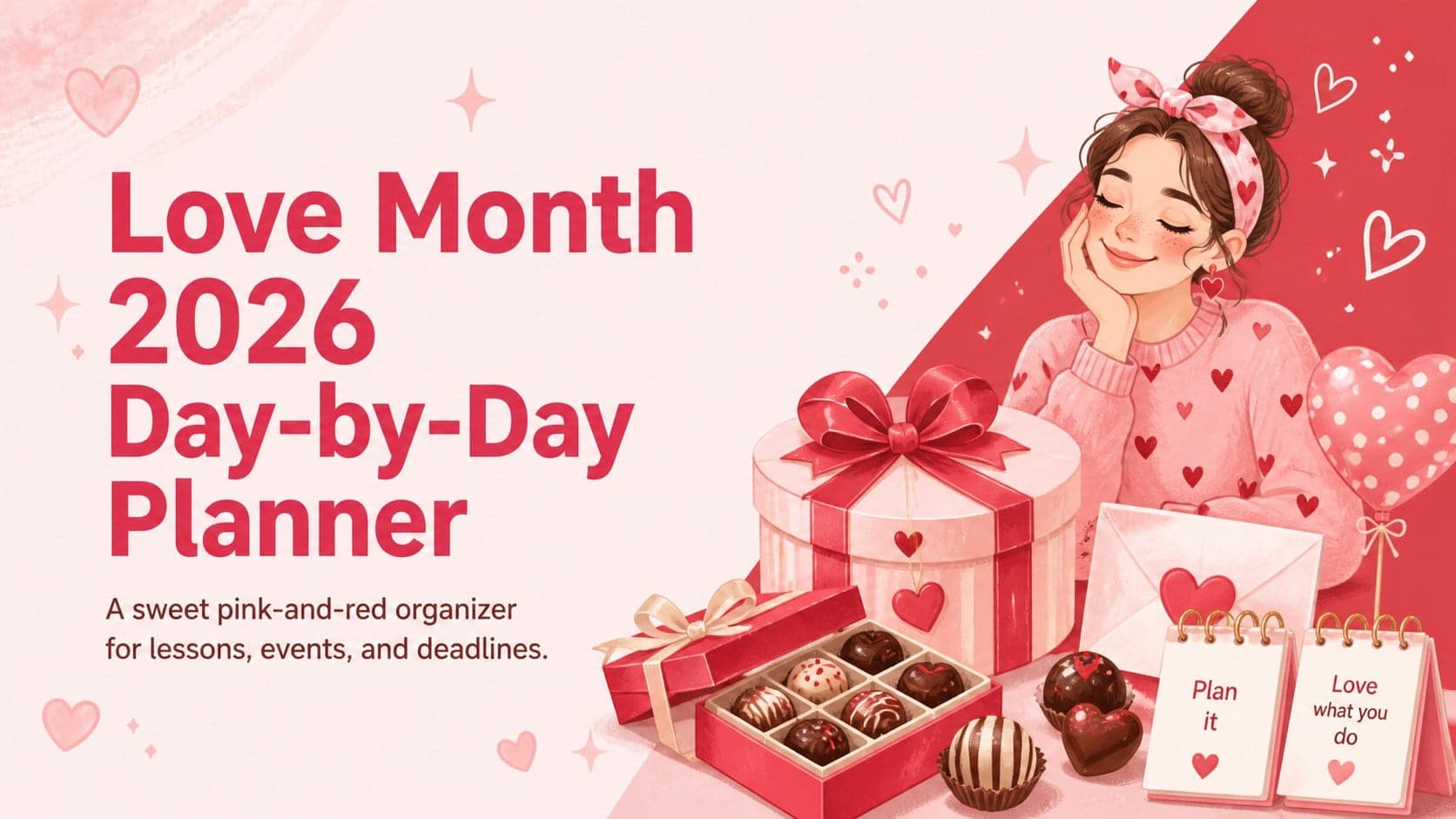 Cover for the Love Month 2026 Day-by-Day Planner with pastel candy illustrations and pink and red typography.