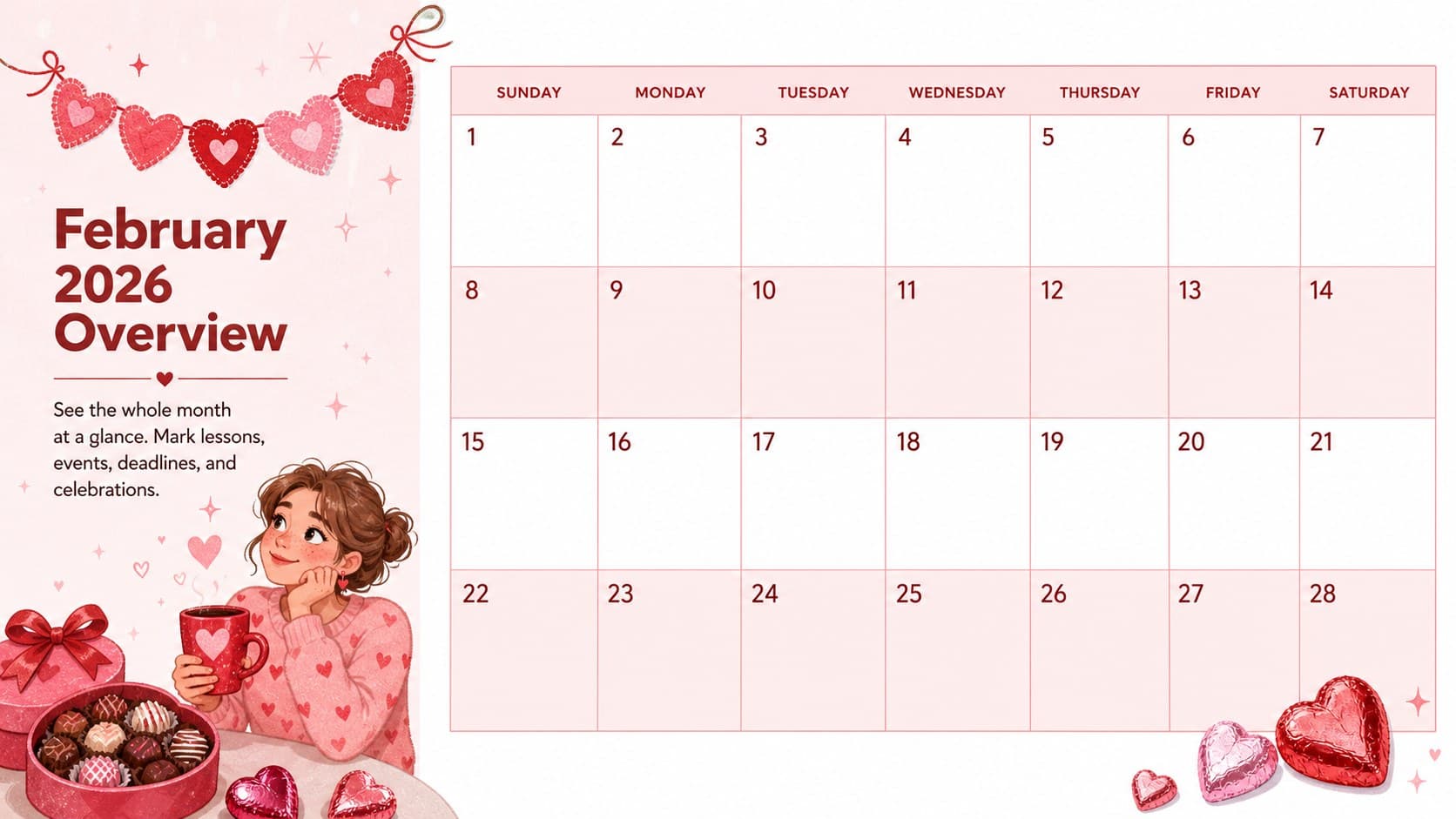 February 2026 monthly overview slide with a pink calendar grid and illustrated sweets.