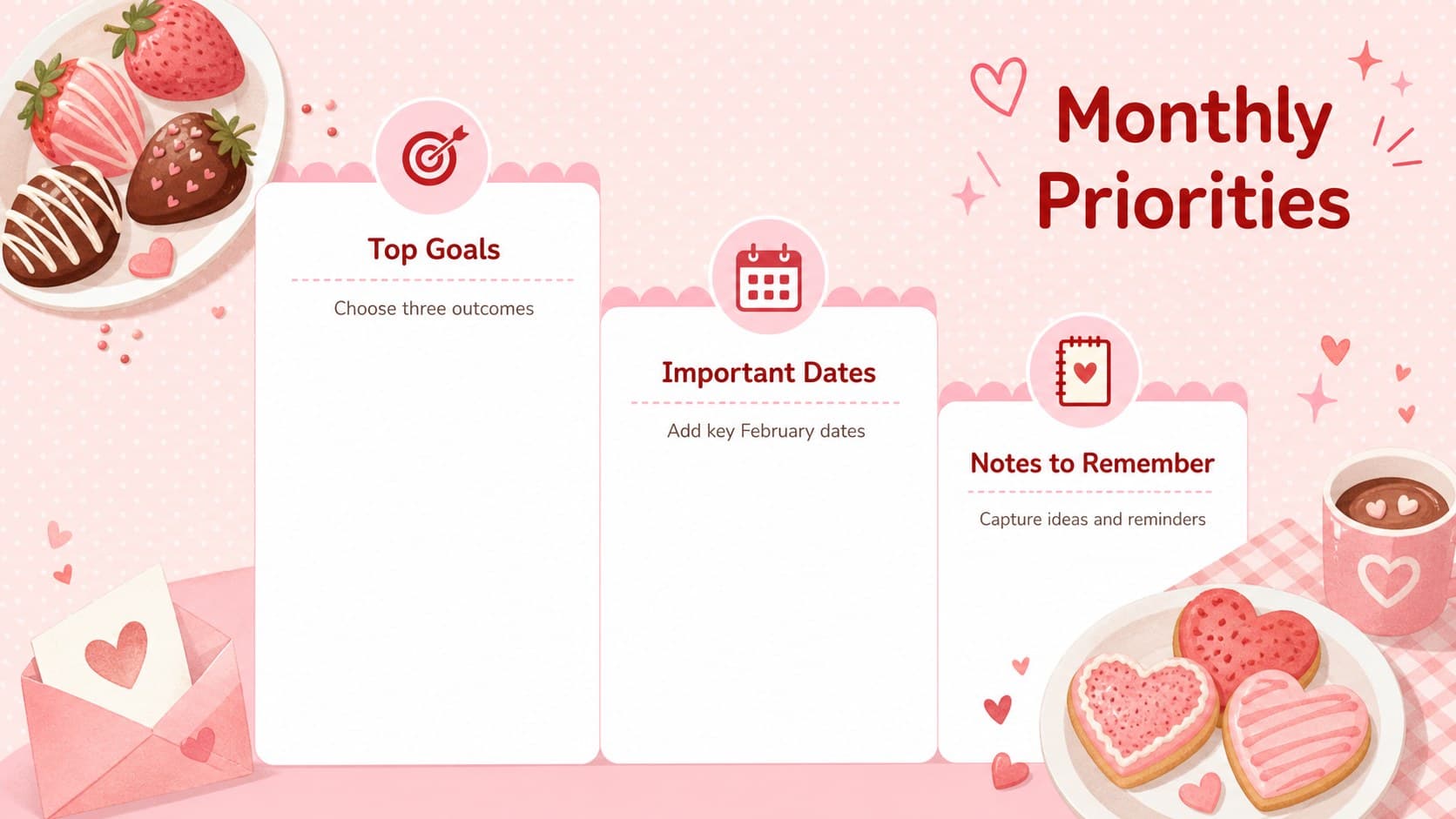 February priority planner slide with sections for goals, important dates, and notes.