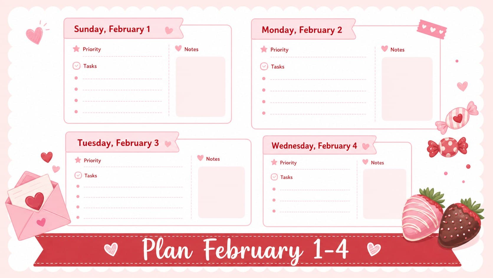Day-by-day February organizer for February 1 through 4 with four editable planning areas.