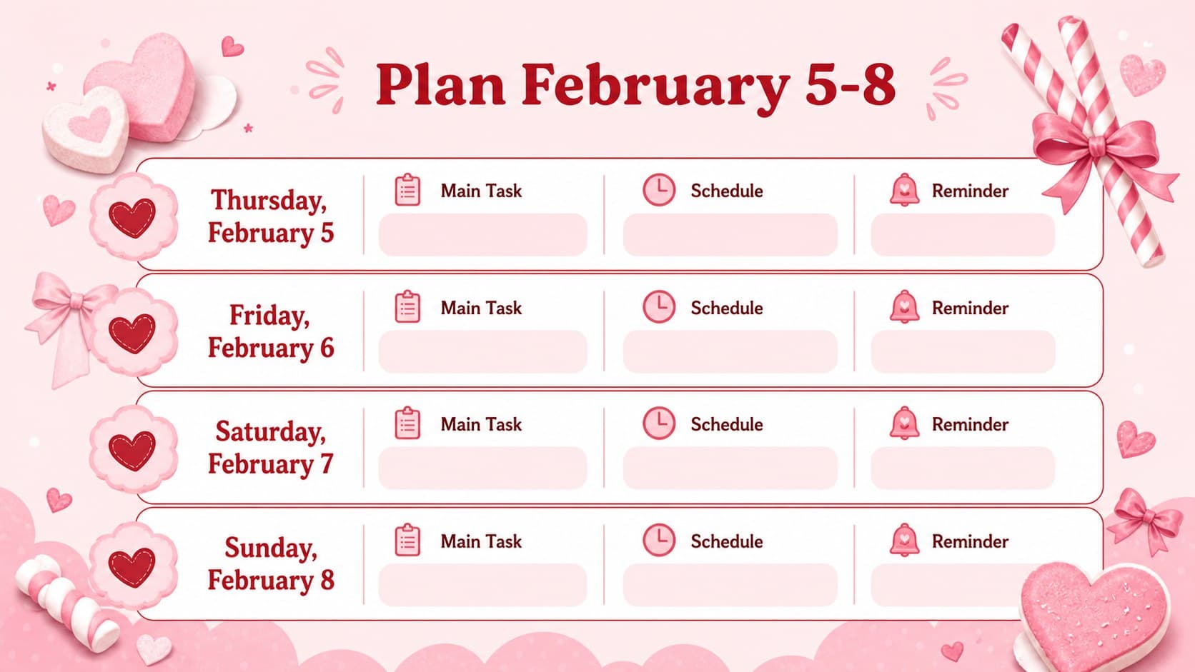 Pink daily planner layout covering February 5 through 8 with task and note sections.