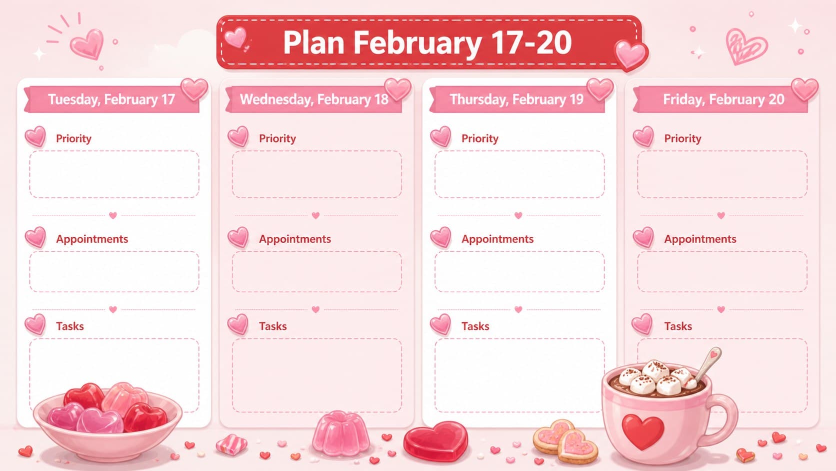 Editable February schedule for February 17 through 20 with priorities and appointments.