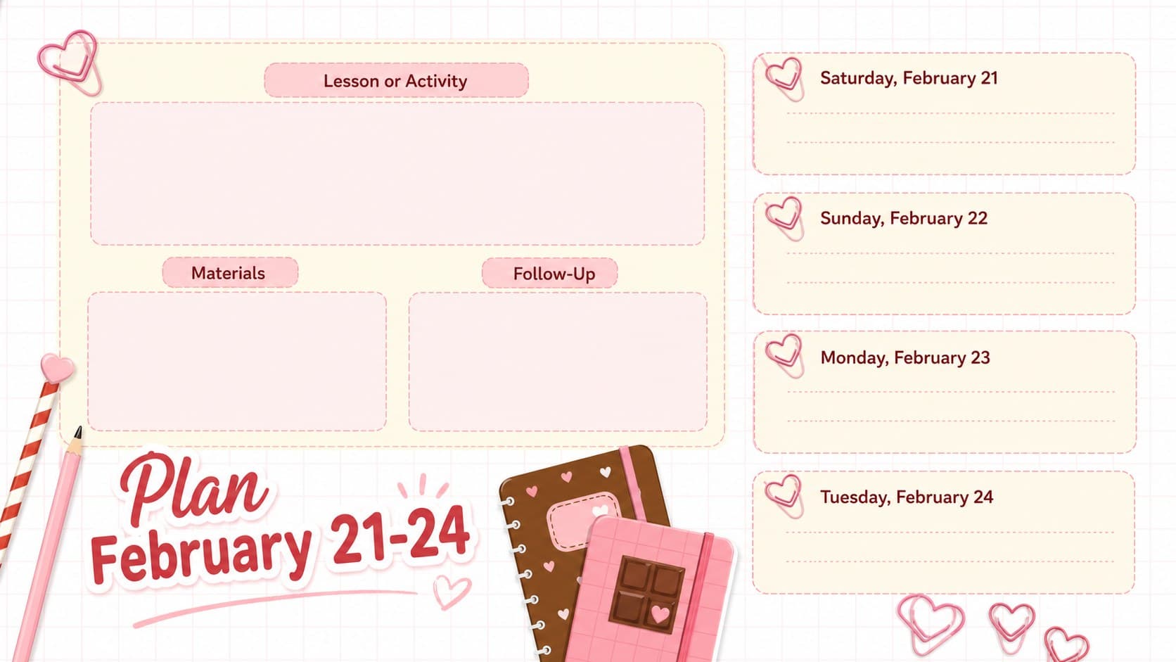 February classroom activity planner for February 21 through 24 with lesson and event fields.