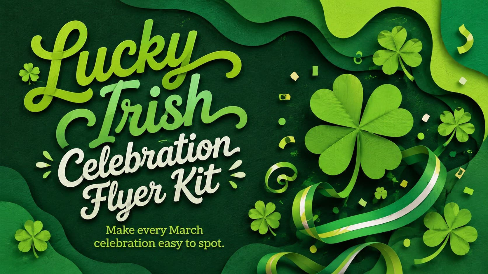 Cover for the Lucky Irish Celebration Flyer Kit featuring playful green typography and original shamrock decorations.