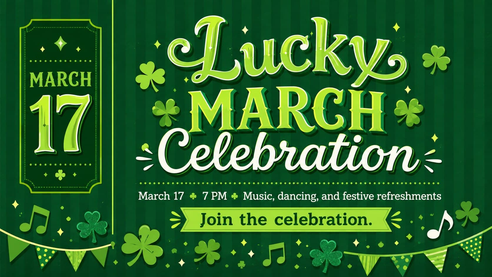 Green St. Patrick's Day party flyer announcing a March celebration with music, dancing, and refreshments.