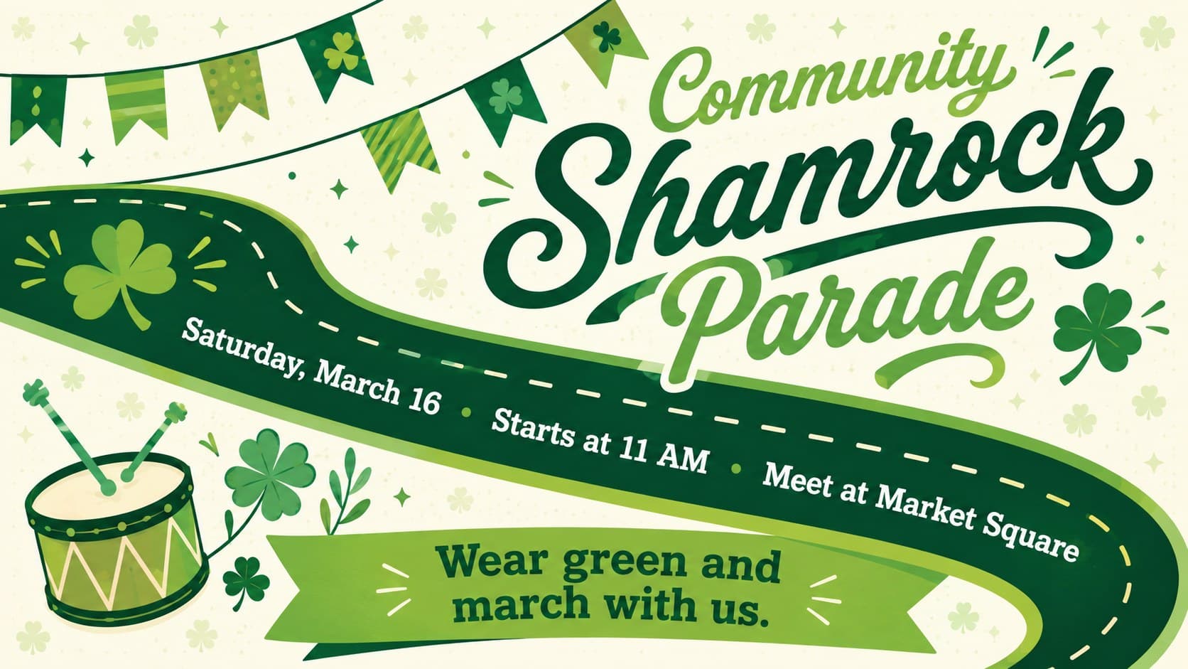 St. Patrick's parade announcement template with a green route banner, event date, and community invitation.