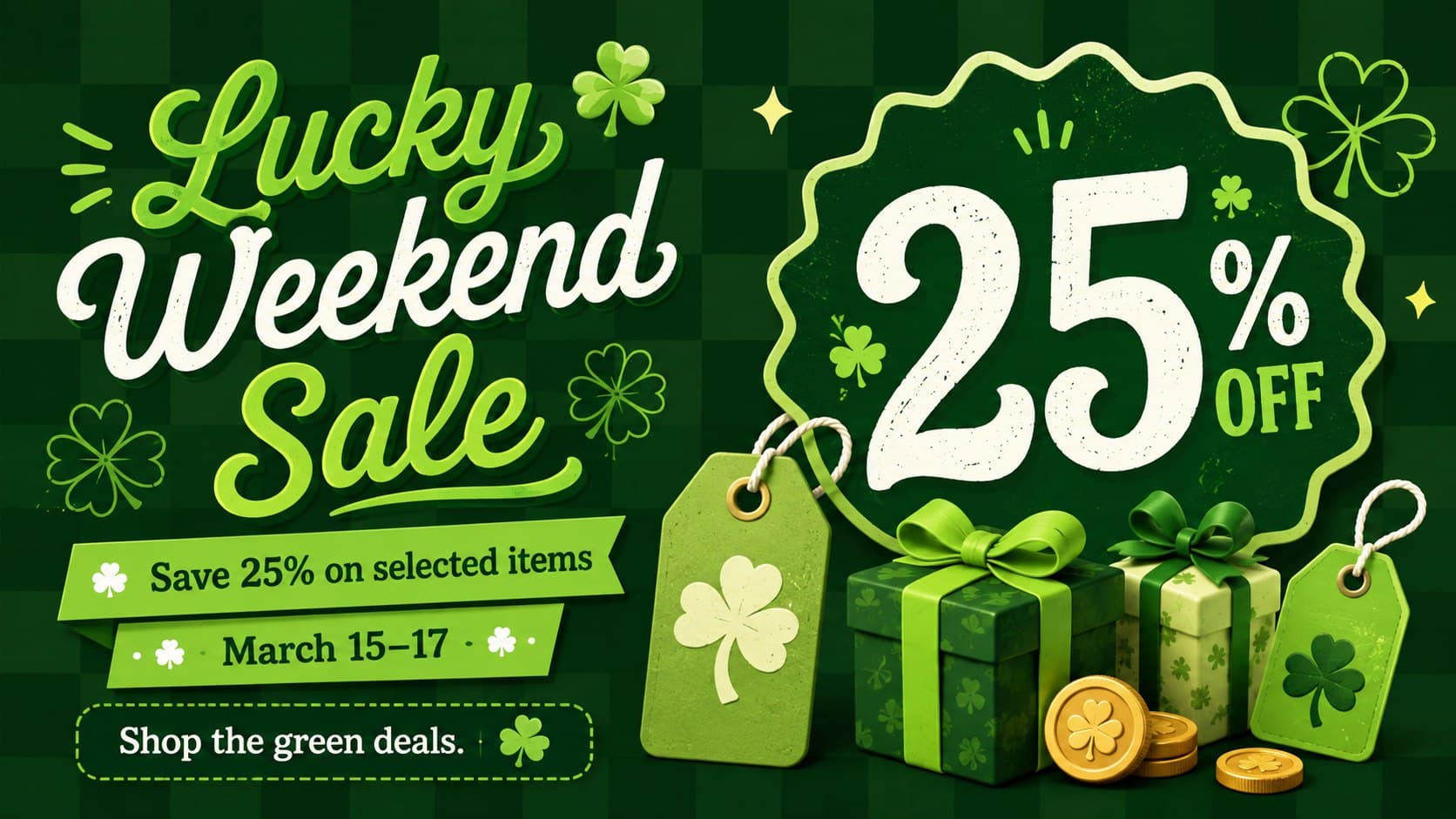 Seasonal St. Patrick's Day sale flyer in green with bold discount lettering and shopping details.
