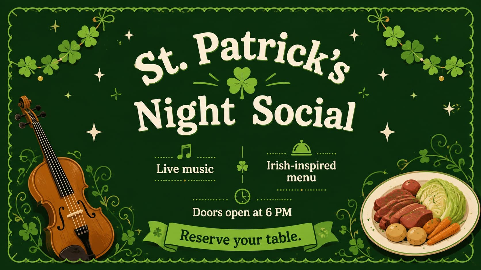 Irish pub event flyer template advertising live music, food specials, and a St. Patrick's night gathering.