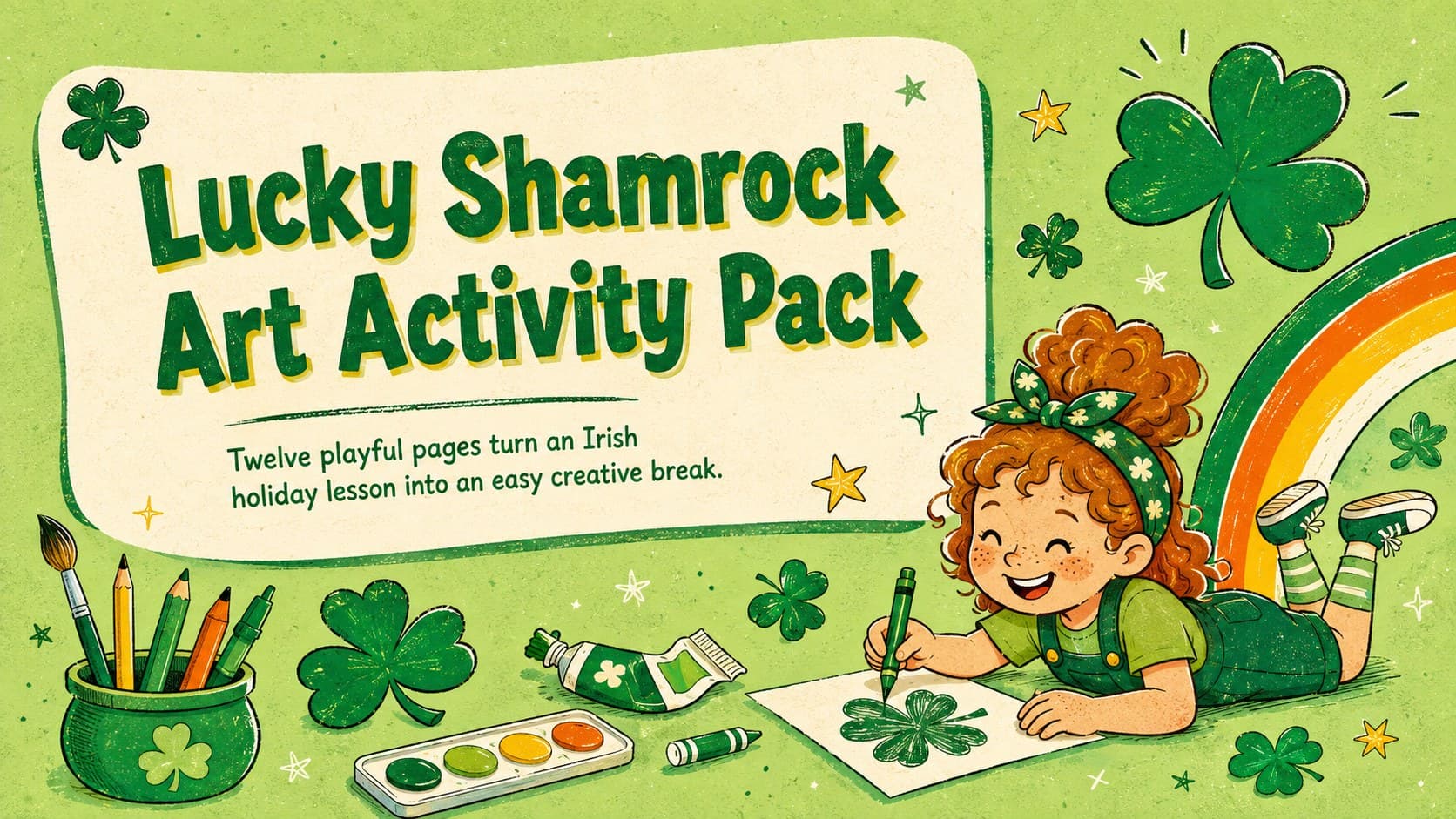 Cover of the Lucky Shamrock Art Activity Pack with cheerful green holiday illustrations and a classroom-focused subtitle.