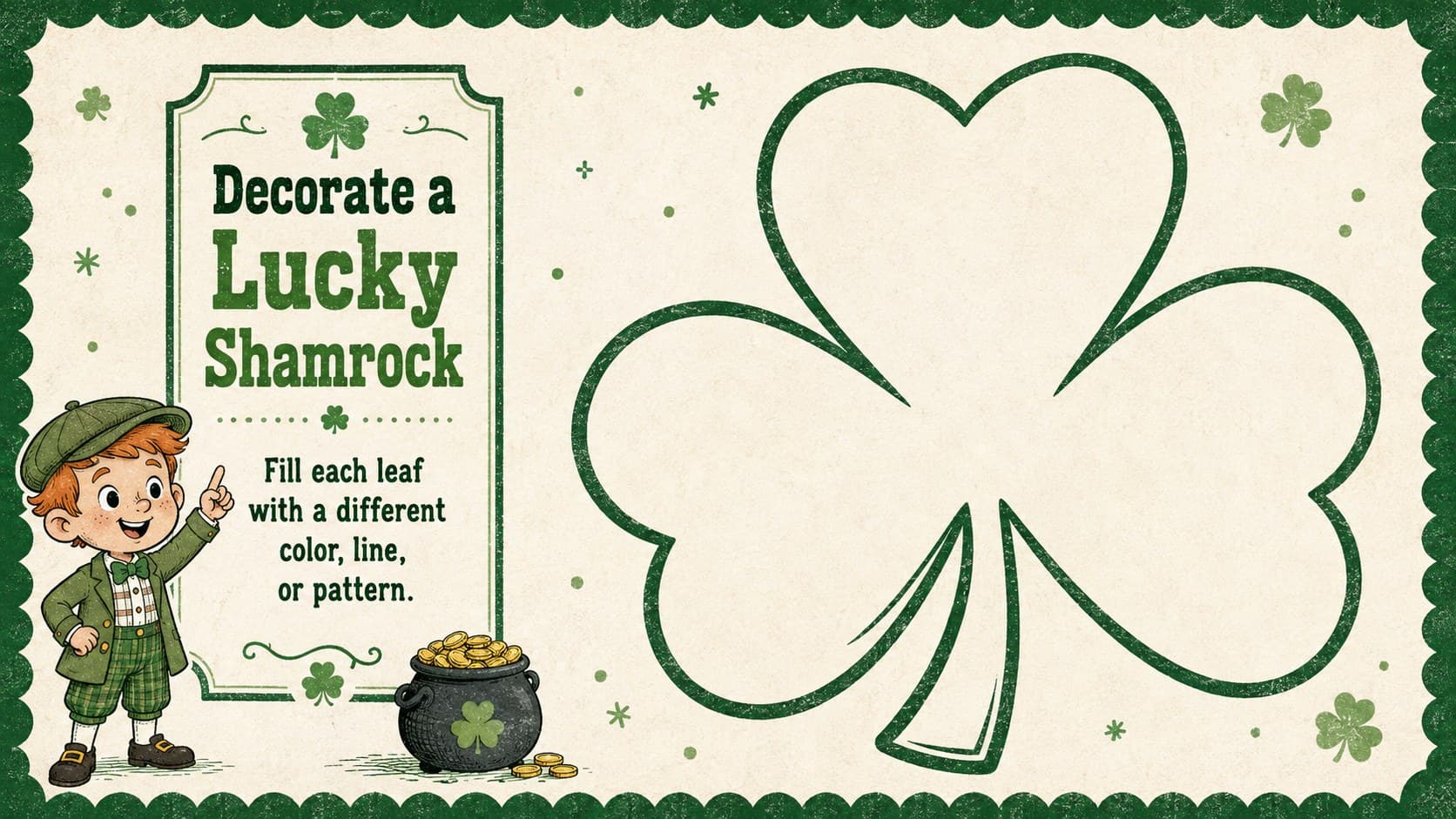 Shamrock coloring page for students featuring a large leafy outline and small pattern suggestions.
