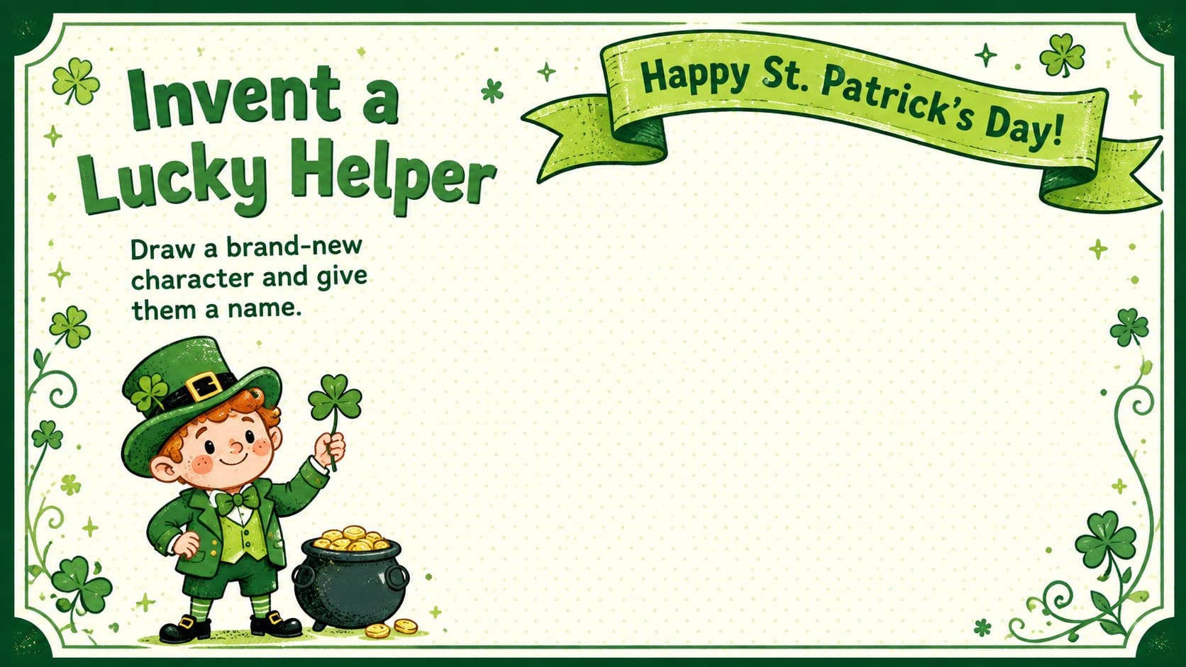 Leprechaun drawing prompt for kids with an original character starter and open illustration area.