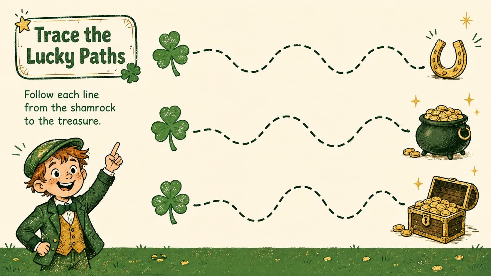 Green festival activity slide with tracing paths connecting shamrocks, coins, and a treasure pot.
