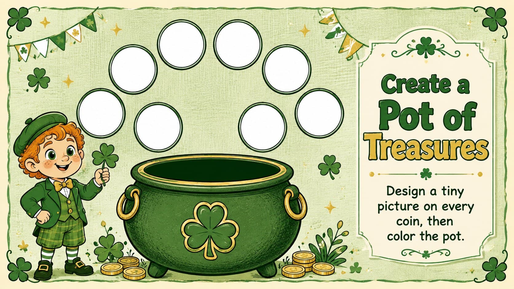 March classroom creativity pack page featuring a pot of gold coloring and coin-design challenge.