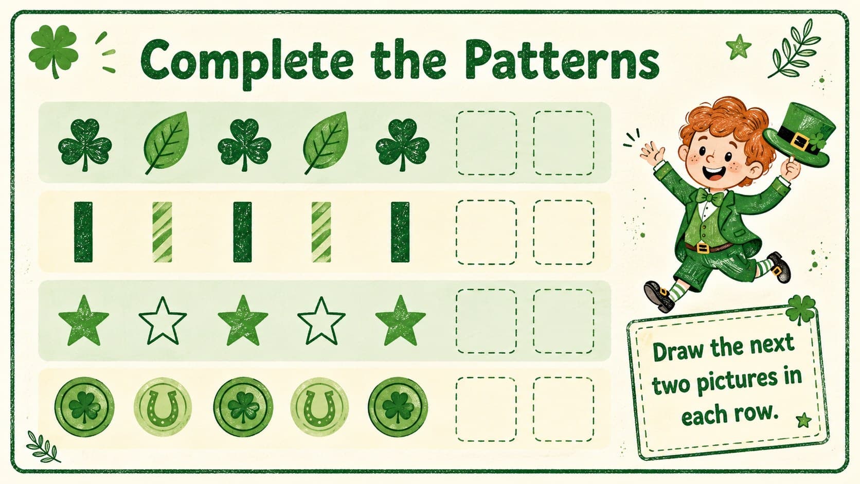 Irish themed art lesson resource with repeating shamrock patterns for students to complete.