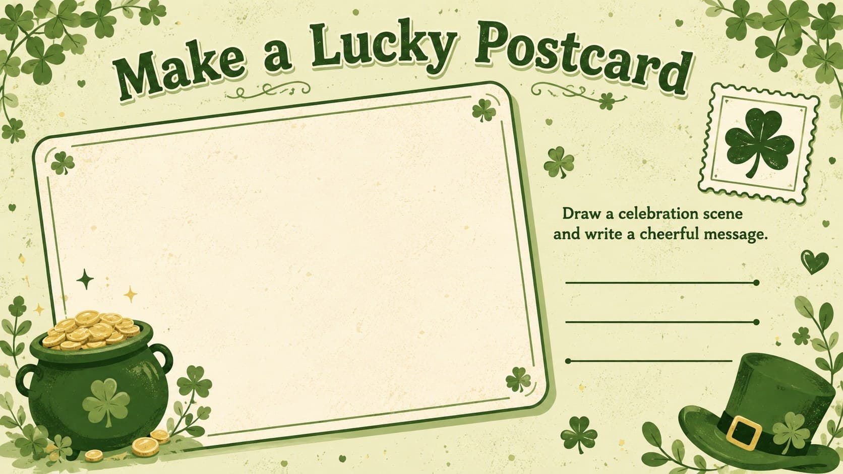 Printable Irish holiday art activity with a postcard frame for drawing a cheerful celebration scene.