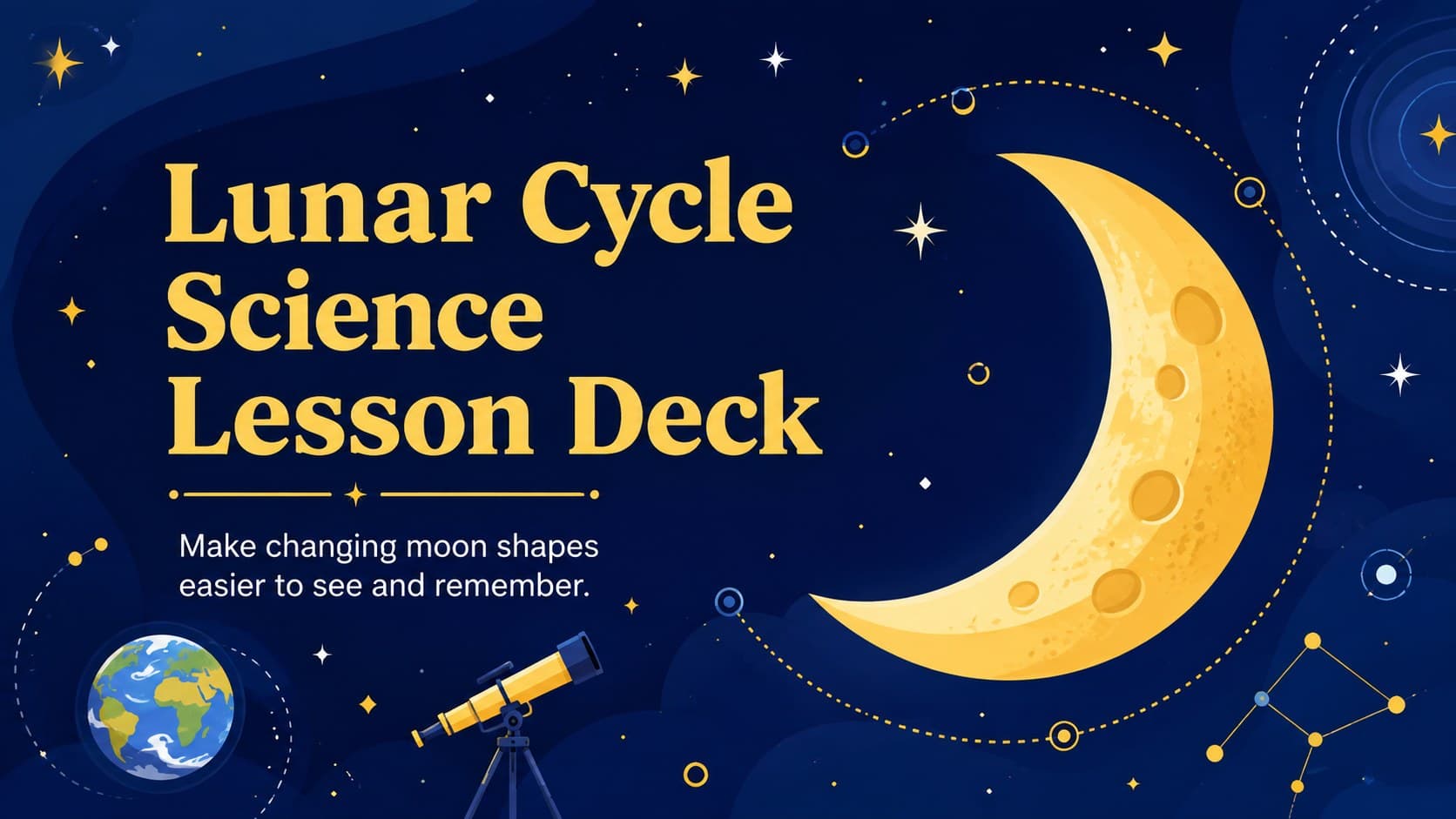 Cover of the Lunar Cycle Science Lesson Deck with an illustrated Moon, Earth, stars, and blue-and-yellow space graphics.