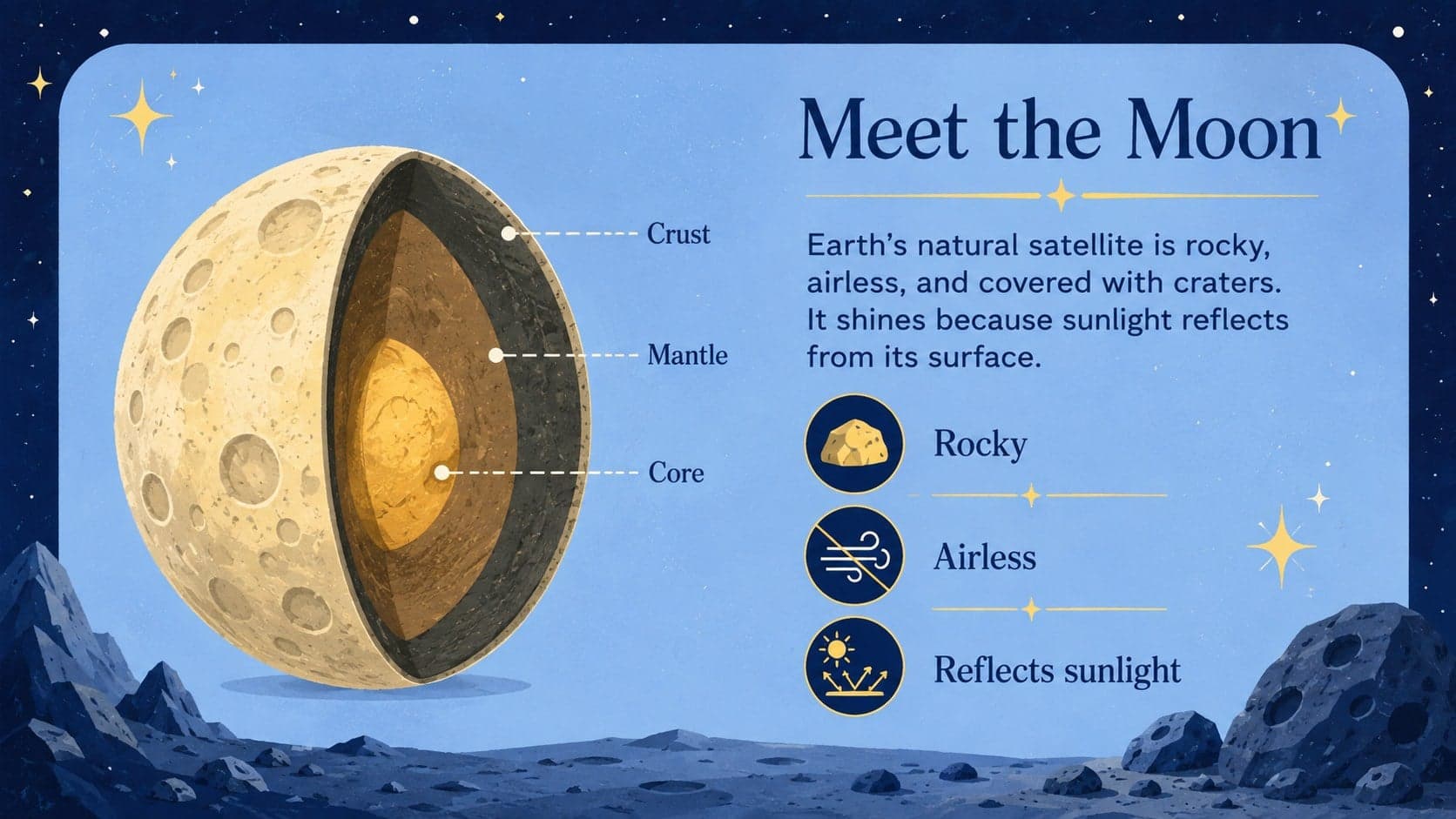 Elementary astronomy teaching deck slide explaining the Moon with illustrated facts and a labeled lunar surface.