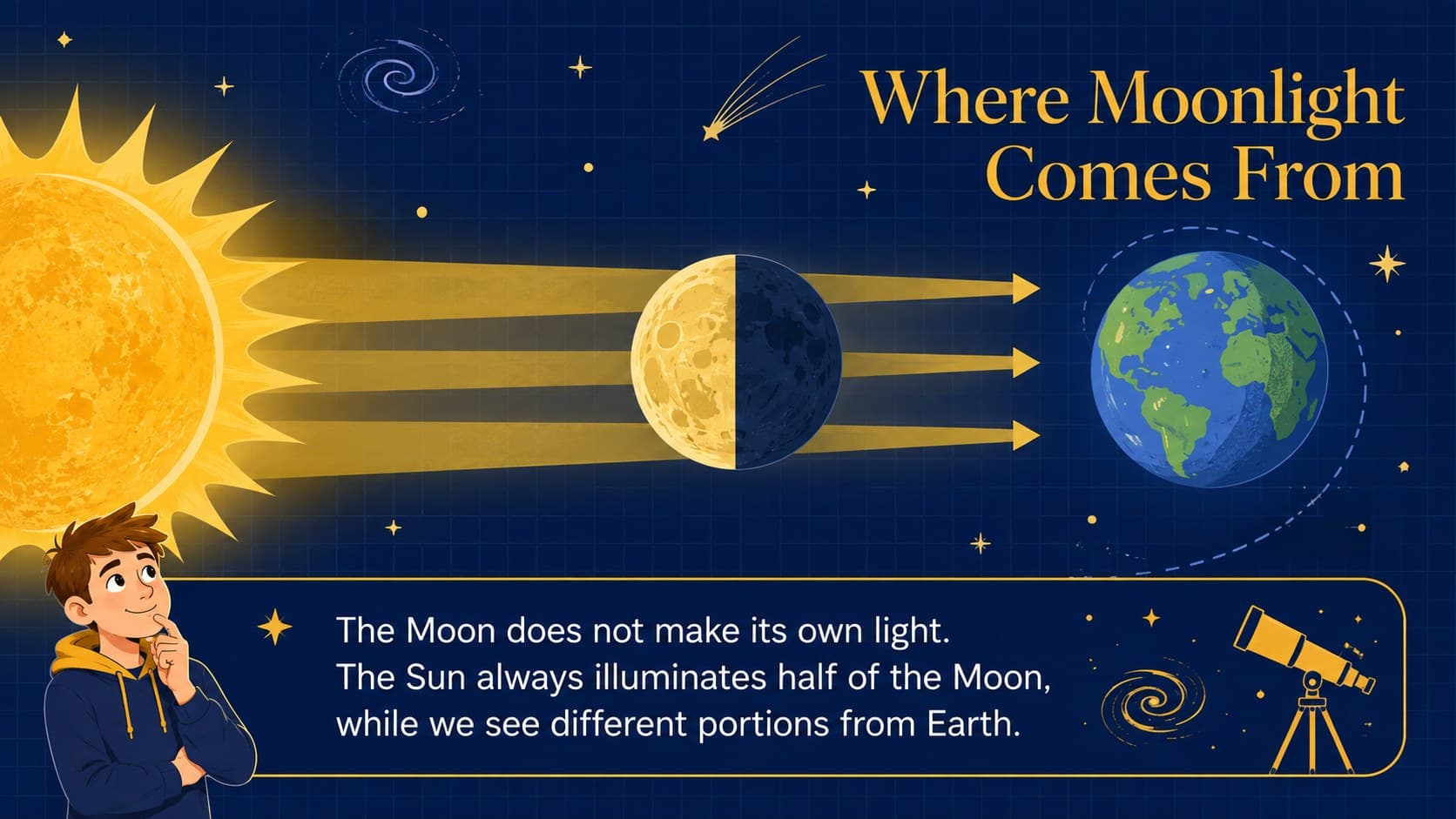 Earth Moon Sun science lesson diagram explaining reflected sunlight and the Moon's illuminated half.