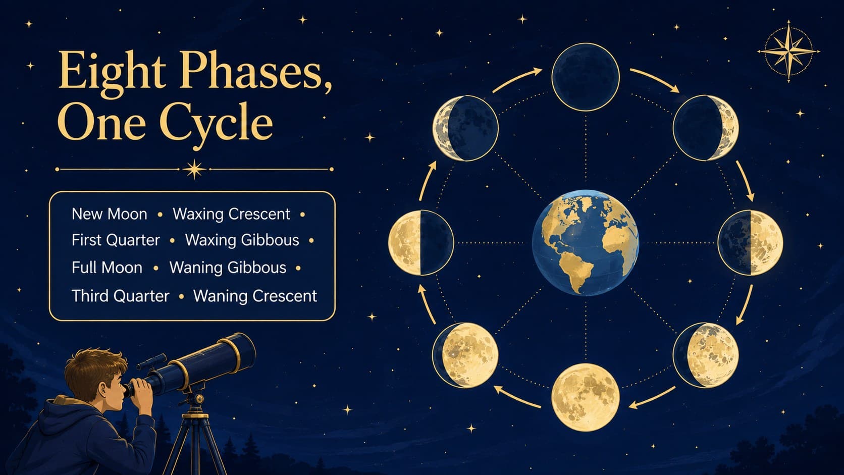 Eight phases of the Moon lesson slide displaying the full lunar cycle in a circular illustrated sequence.