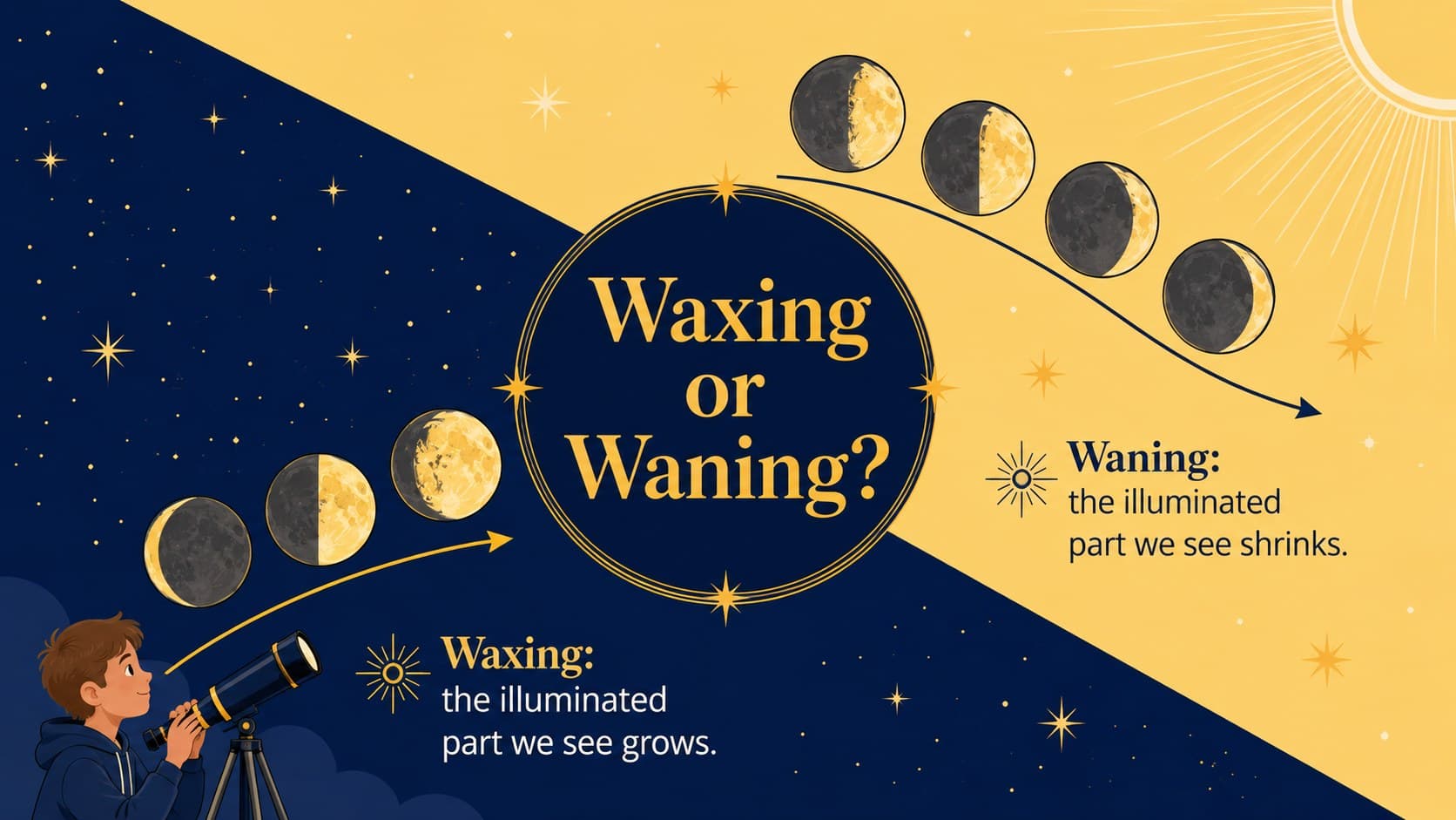 Waxing and waning moon slides compare increasing and decreasing illumination with labeled Moon illustrations.