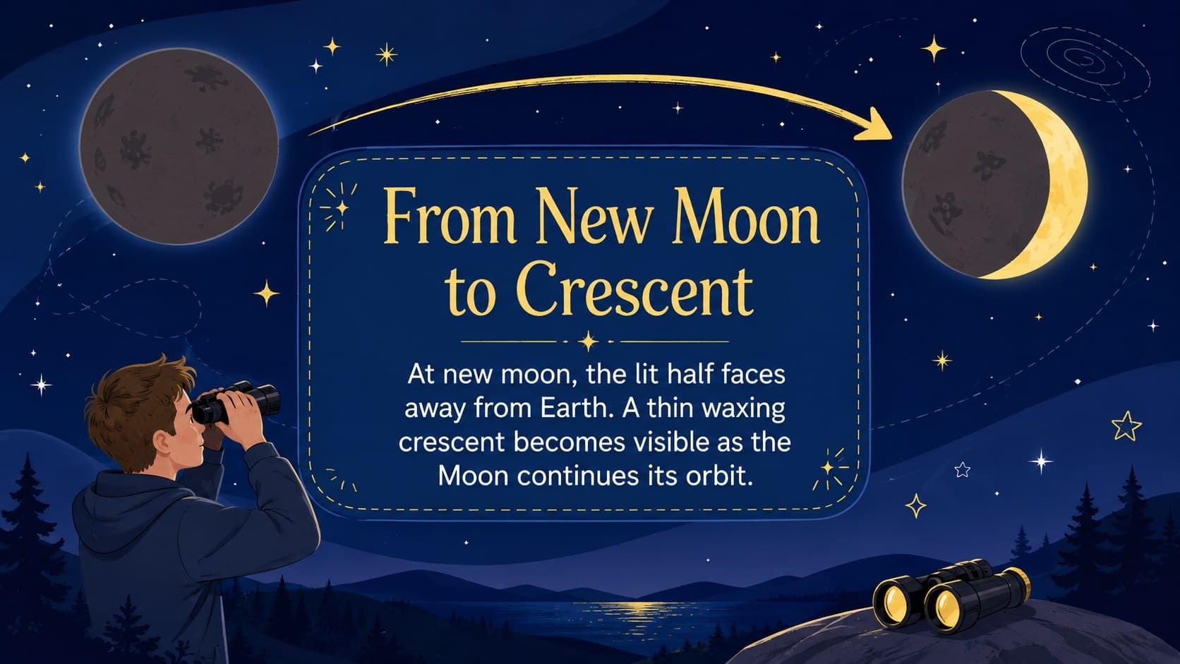 Illustrated new moon and crescent phase lesson slide with viewing notes and simple lunar diagrams.