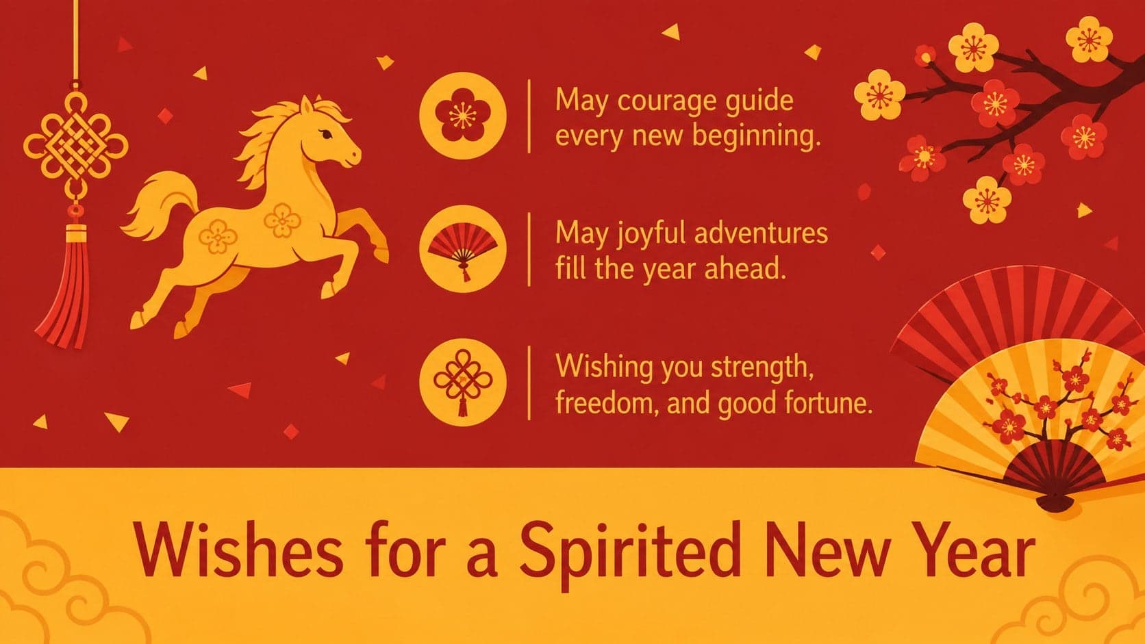 Year of the Horse celebration slideshow page presenting three editable zodiac wishes with red and yellow flat graphics.