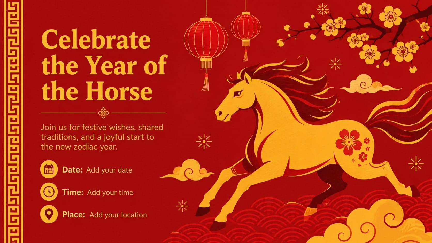 Editable Lunar New Year event slide featuring a horse zodiac invitation layout in bold red and yellow.