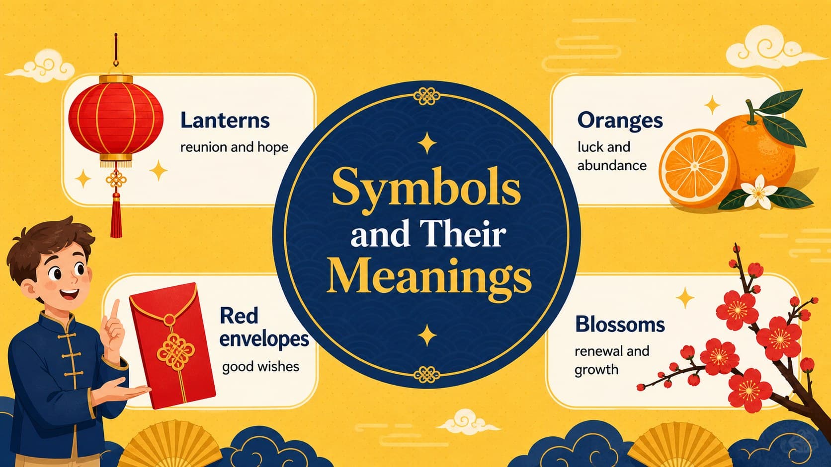 Educational slide explaining Lunar New Year symbols through a colorful classroom infographic.