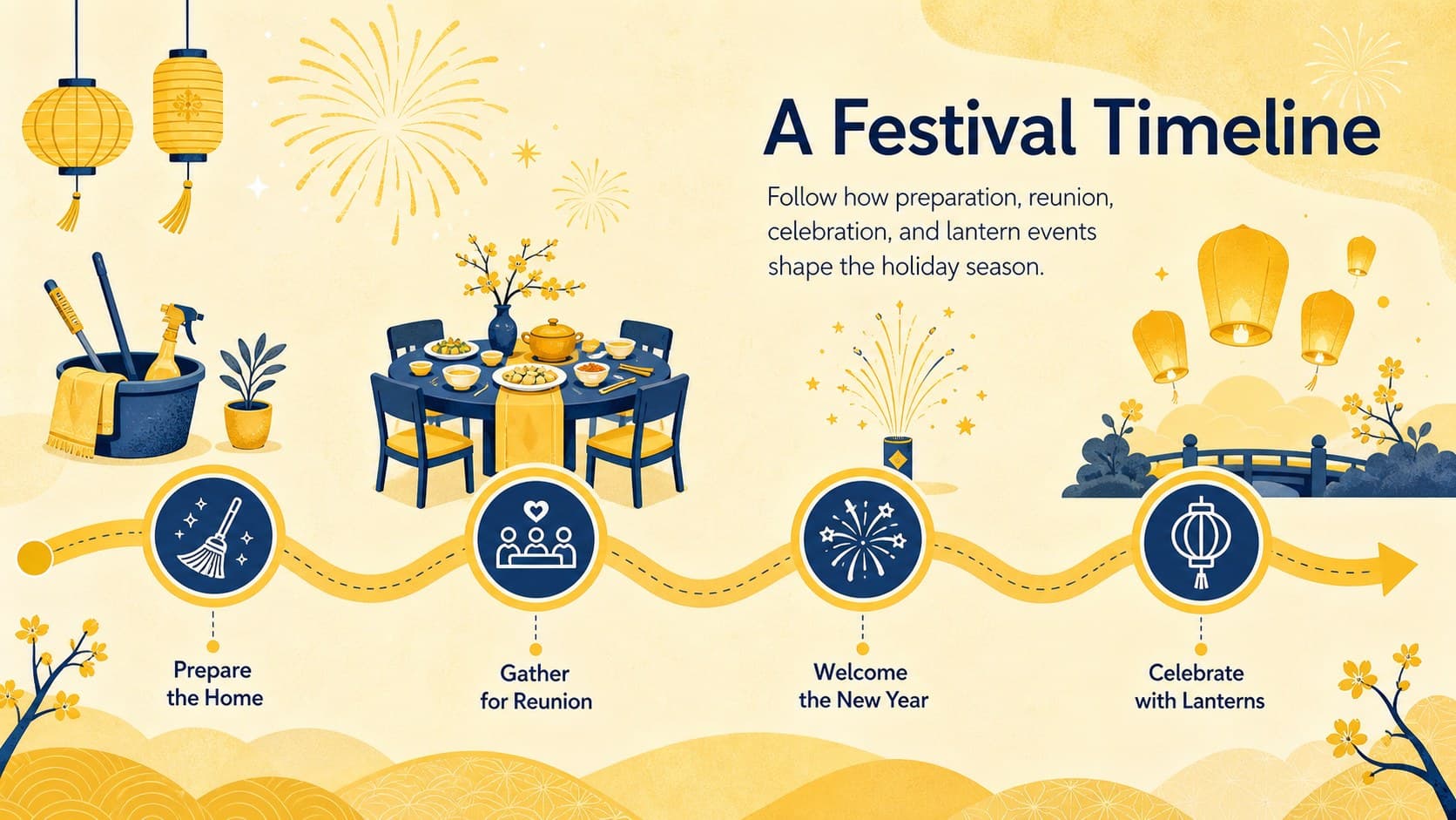 Illustrated festival timeline for a Lunar New Year research project presentation.