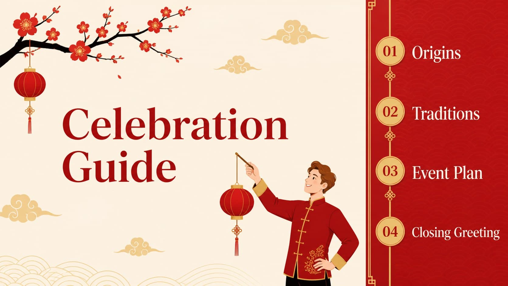 Agenda slide outlining a Lunar New Year celebration presentation in a red and gold layout.