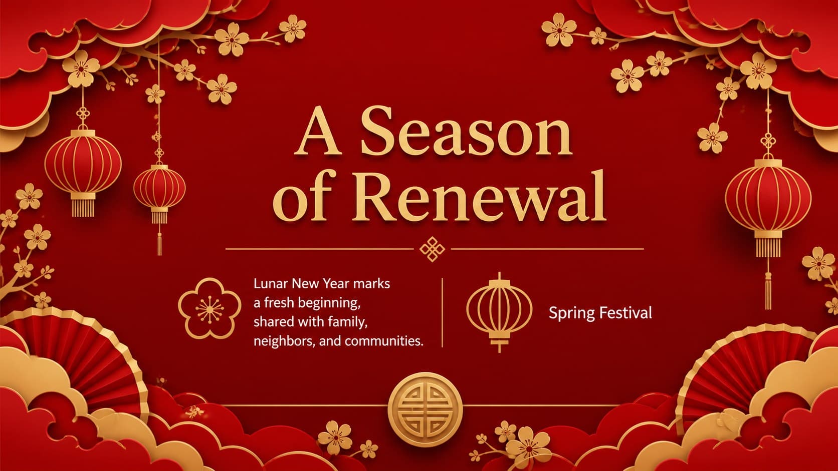 Lunar New Year cultural introduction slide with red paper-cut motifs and gold typography.